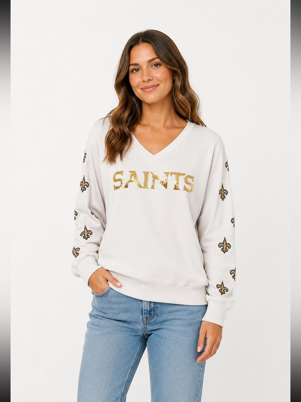 Women's Cuce White New Orleans Saints Sequin Fleece V-Neck T-Shirt Size M